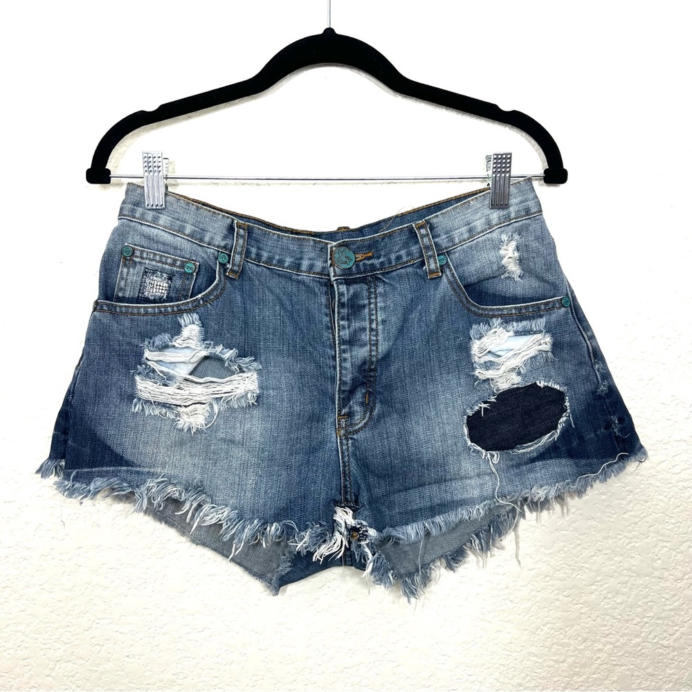 One x One Teaspoon Bandits Denim Jean Shorts Frayed Hems Distressed Size 29
